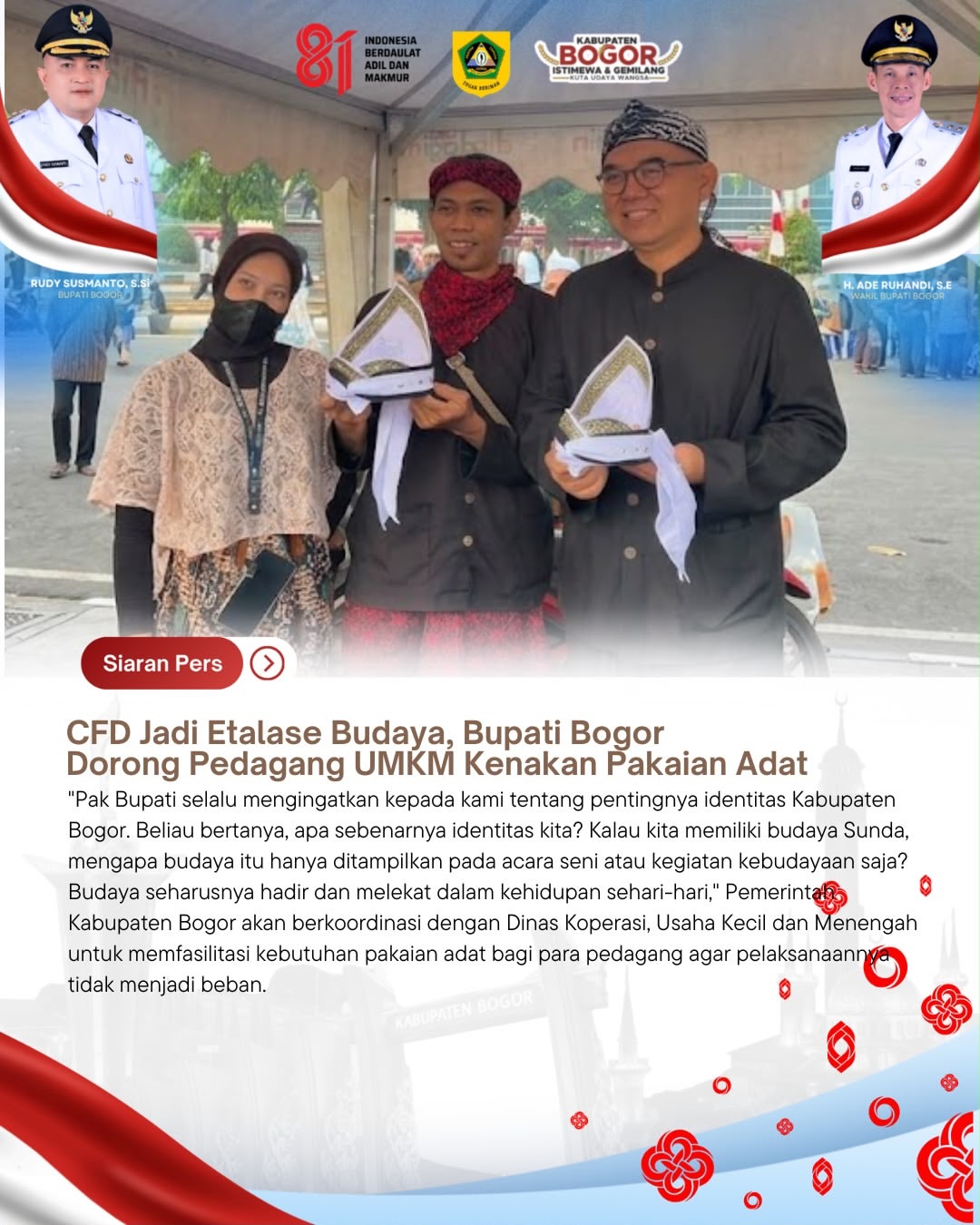 CFD Jadi Etalase Budaya, Bupati Bogor Dorong Pedagang UMKM Kenakan Pakaian Adat